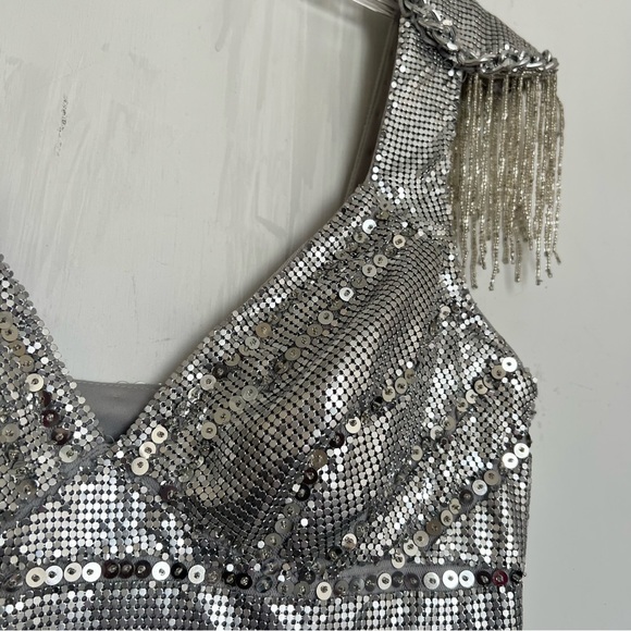 162. BASIX Black Label Silver Metallic Cochella Style Mini Dress •2 - Picture 14 of 15